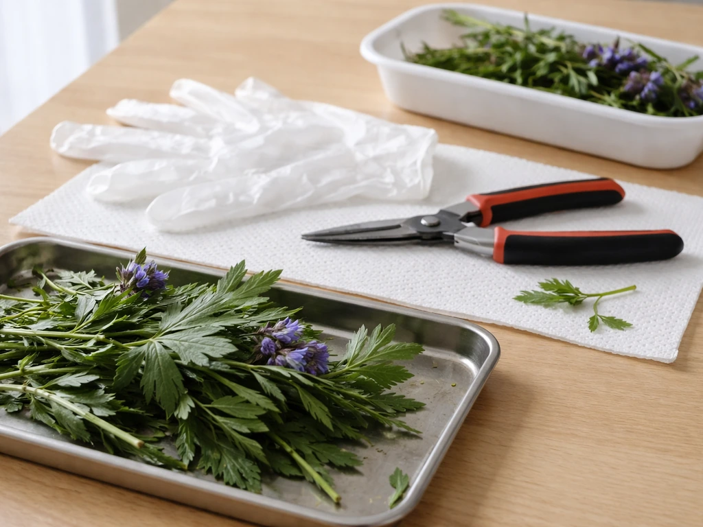 Gloved hands and careful tools beside cut monkshood plant material on a kitchen table