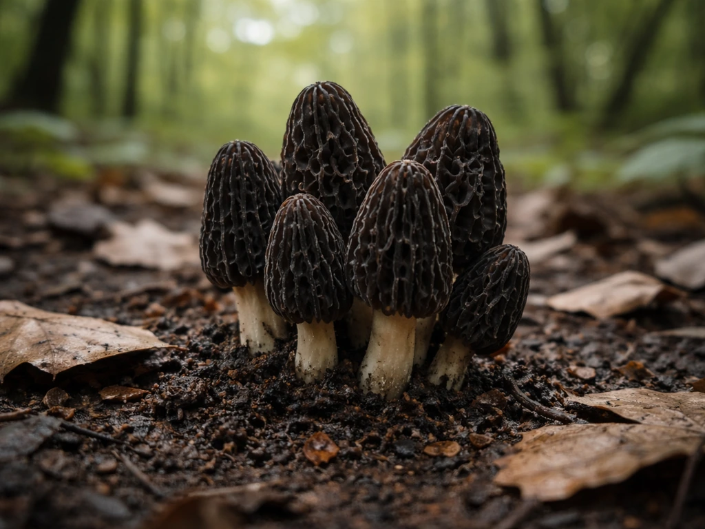 Photoreal cluster of black morels emerging from leaf litter under a deciduous woodland canopy
