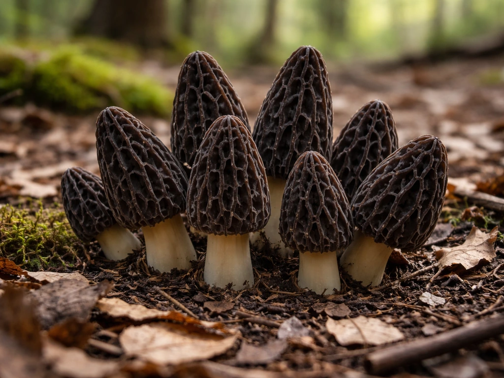 Close-up of black morel mushrooms growing on forest floor, showing dark ridged caps in natural light.