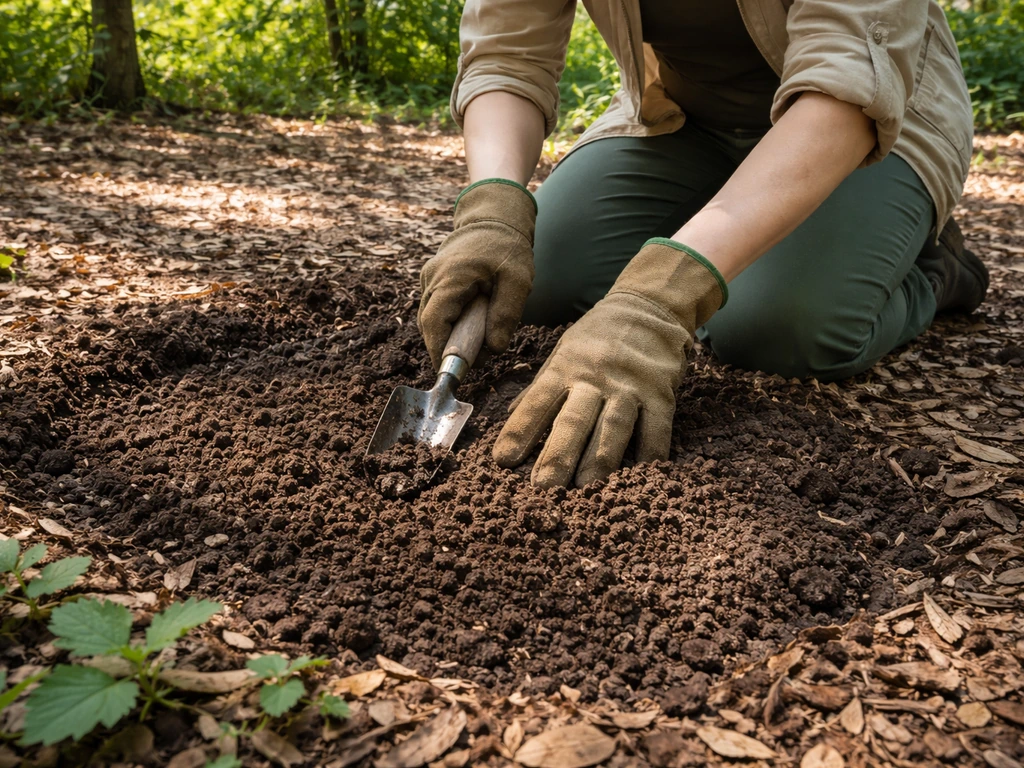 Gardener loosening soil in a partially shaded spot under trees, showing well-drained earth texture