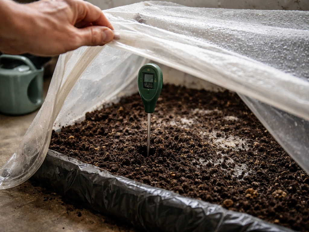 Hand adjusts a microclimate cover and checks moist soil in a small home mushroom bed setup.