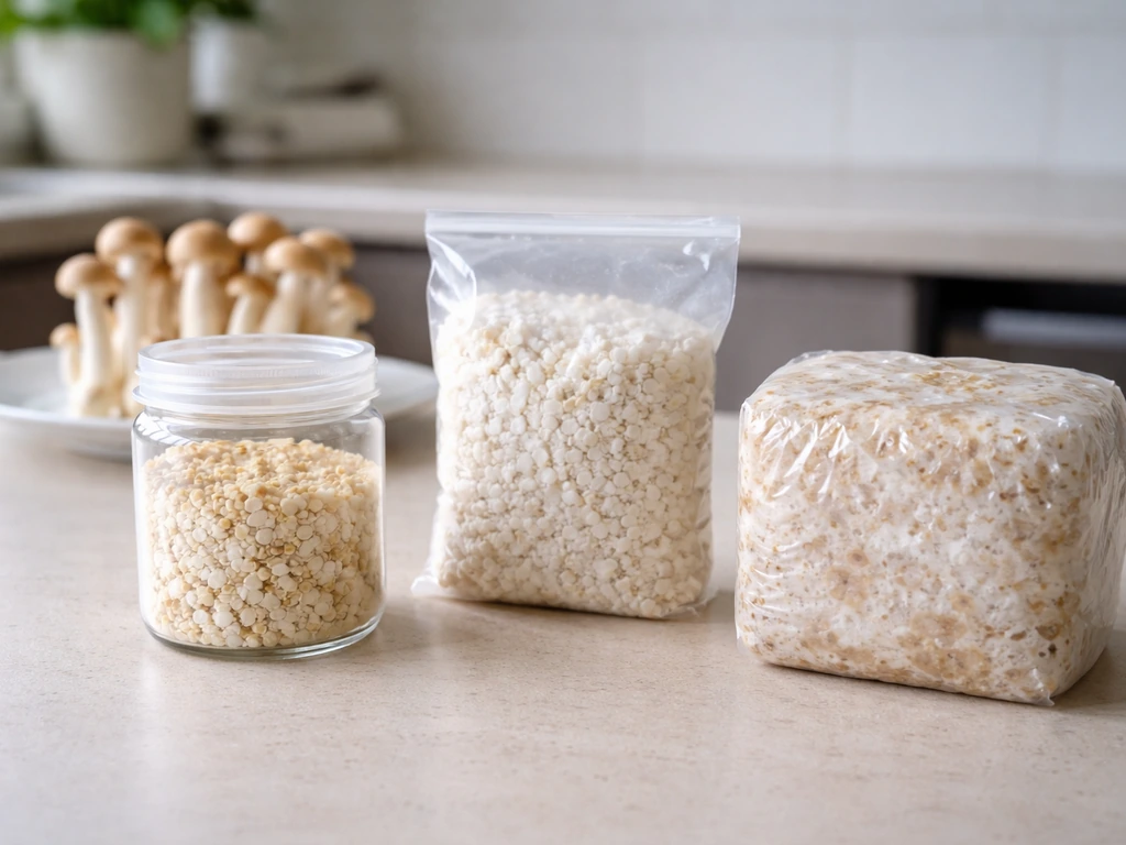 Assorted shimeji mushroom spawn jars and small mushroom blocks on a kitchen counter, minimal and realistic.