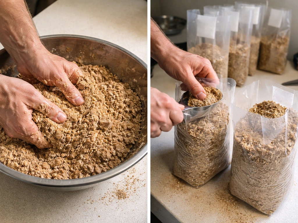 Close-up of hardwood sawdust and bran being mixed in a bowl and packed into filter-patch bags