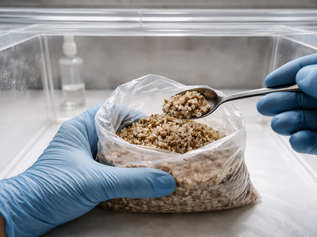 Hands in gloves opening a cooled substrate bag inside a still-air box while introducing spawn