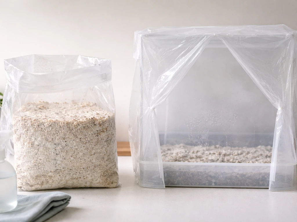 Close-up of a grow bag opened to expose colonized mycelium and a simple clear fruiting chamber nearby.