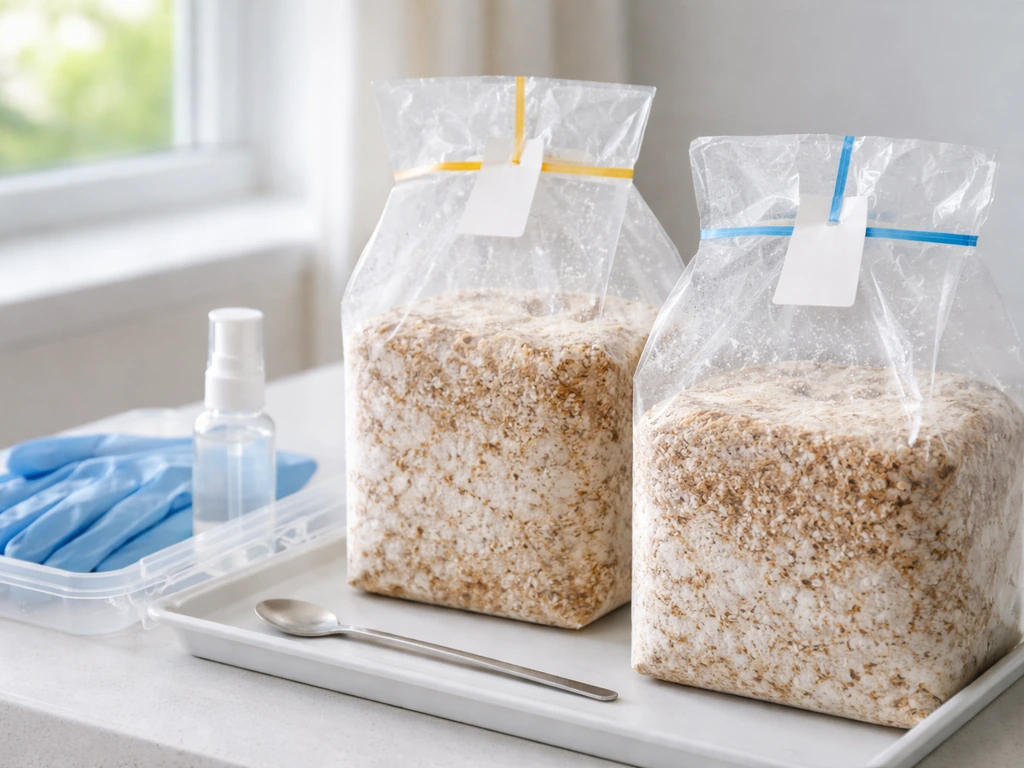 Two supplemented sawdust blocks in a clean grow bag with simple sterile tools on a kitchen counter.