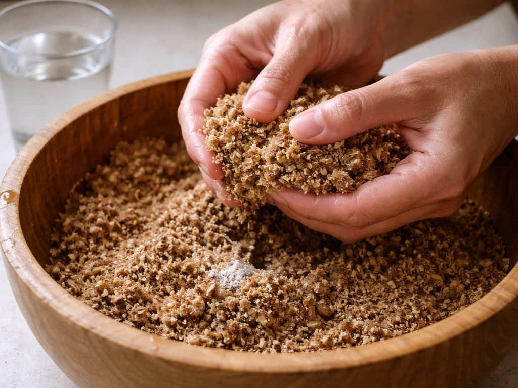 Hands mix hardwood sawdust with wheat bran and gypsum, adding water and squeezing to test texture.