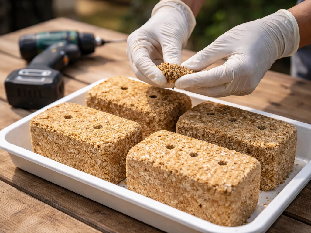 Gloved hands over sawdust blocks on a clean tray with drill nearby, showing inoculation preparation moment.