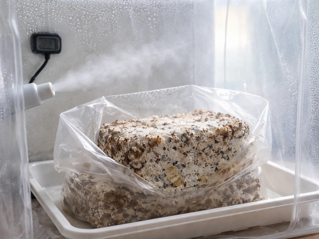 Colonized mushroom grow block inside a humid tent with misting and a visible hygrometer probe