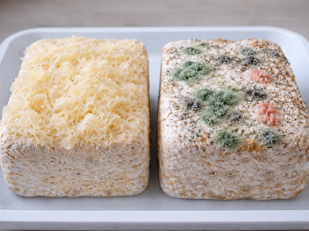Close-up comparison of clean tremella growth versus green, black, and pink mold contamination on mushroom blocks.