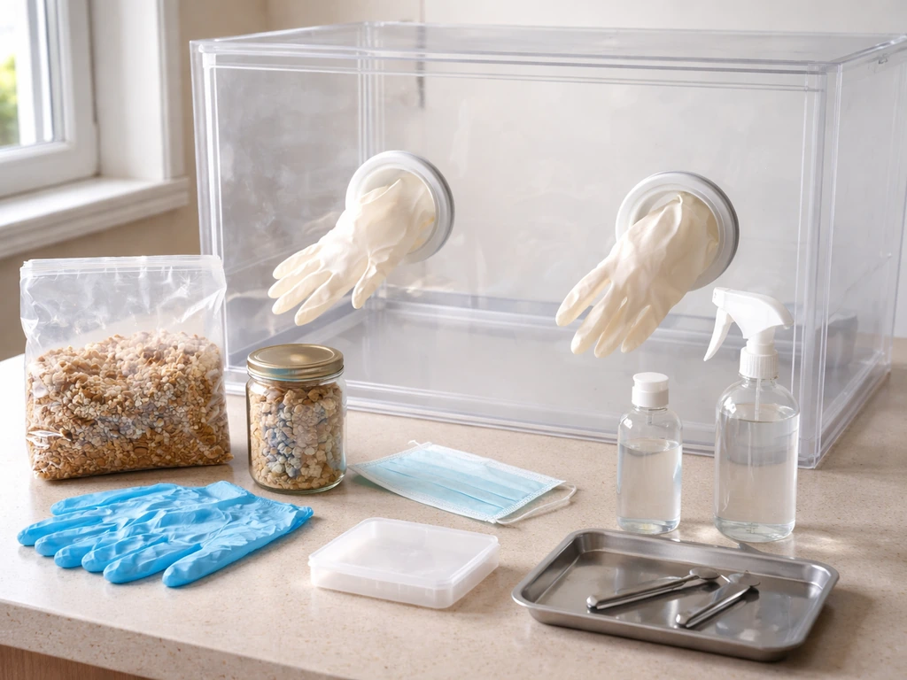 Supplies neatly laid out for mushroom inoculation: spawn, gloves, mask, alcohol, spray bottle, and still-air box tools.