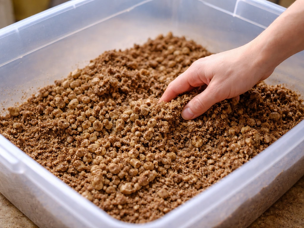 Close-up of hydrated hardwood pellets mixing into moist substrate in a clean bin.