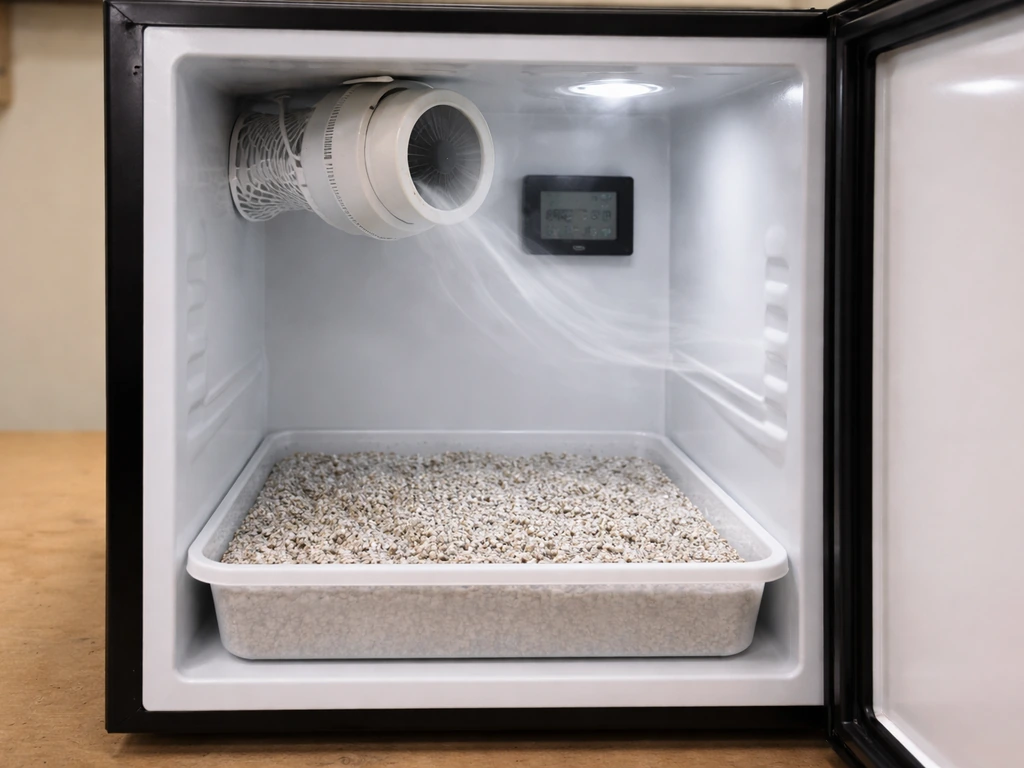 Minimal photo of a small fruiting chamber setup: mini-fridge, hygrometer, wet perlite tray, clean airflow.