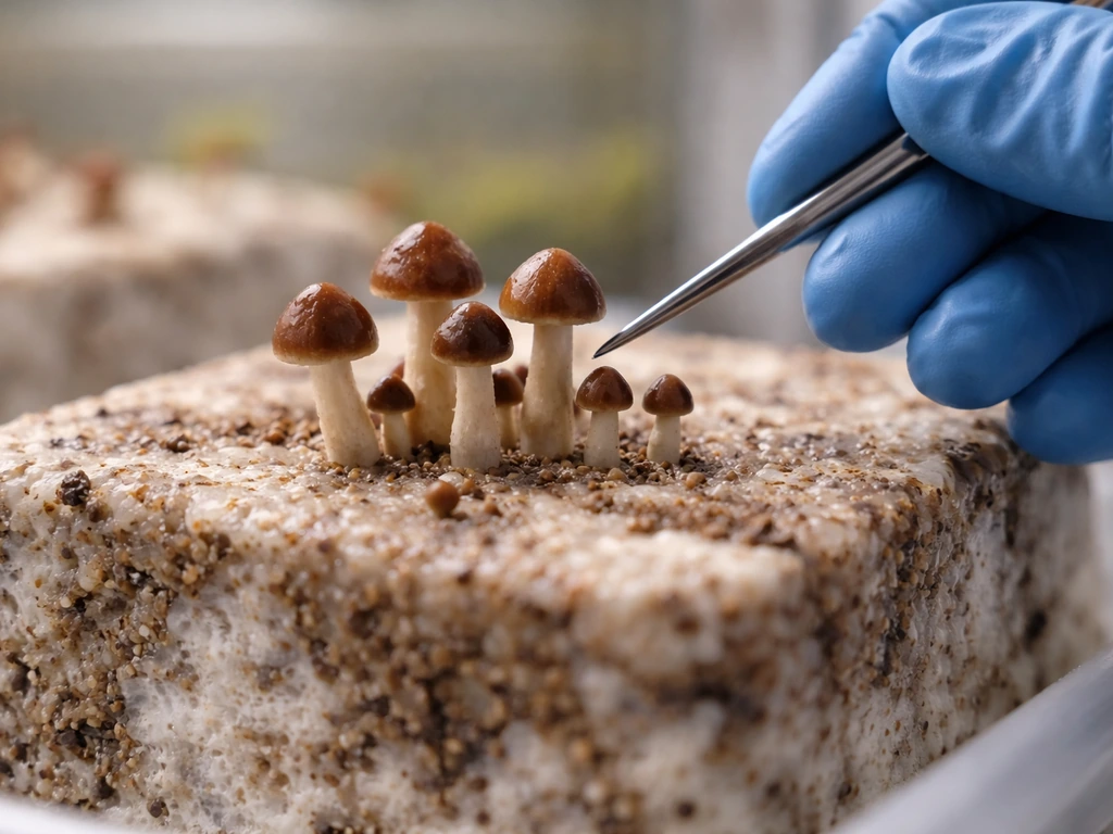 Close-up of small dark brown mushroom pins on a substrate block, with a gloved hand harvesting gently.