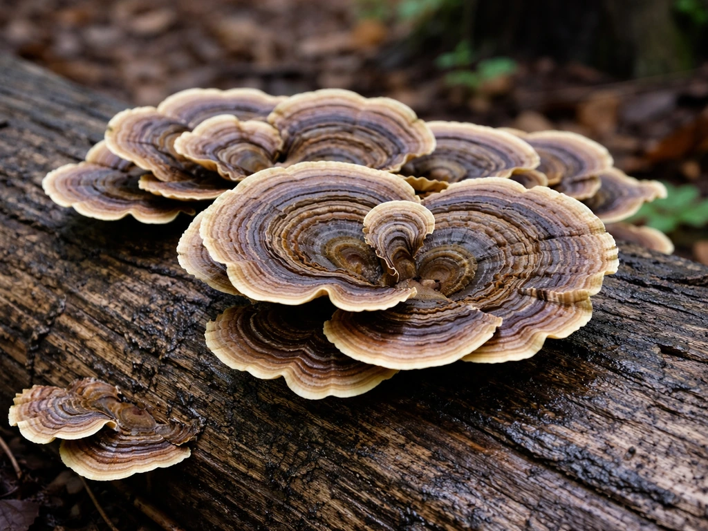 Vivid turkey tail mushroom brackets with concentric fan bands growing on a weathered log outdoors