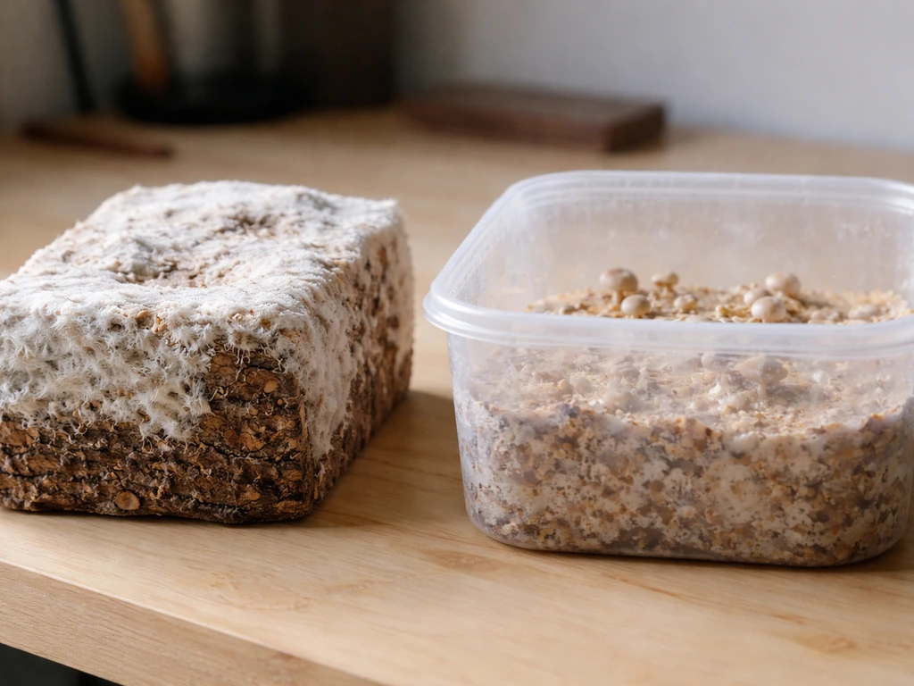 Two simple mushroom setups: a block with white mycelium beside a fruiting setup with small pins.