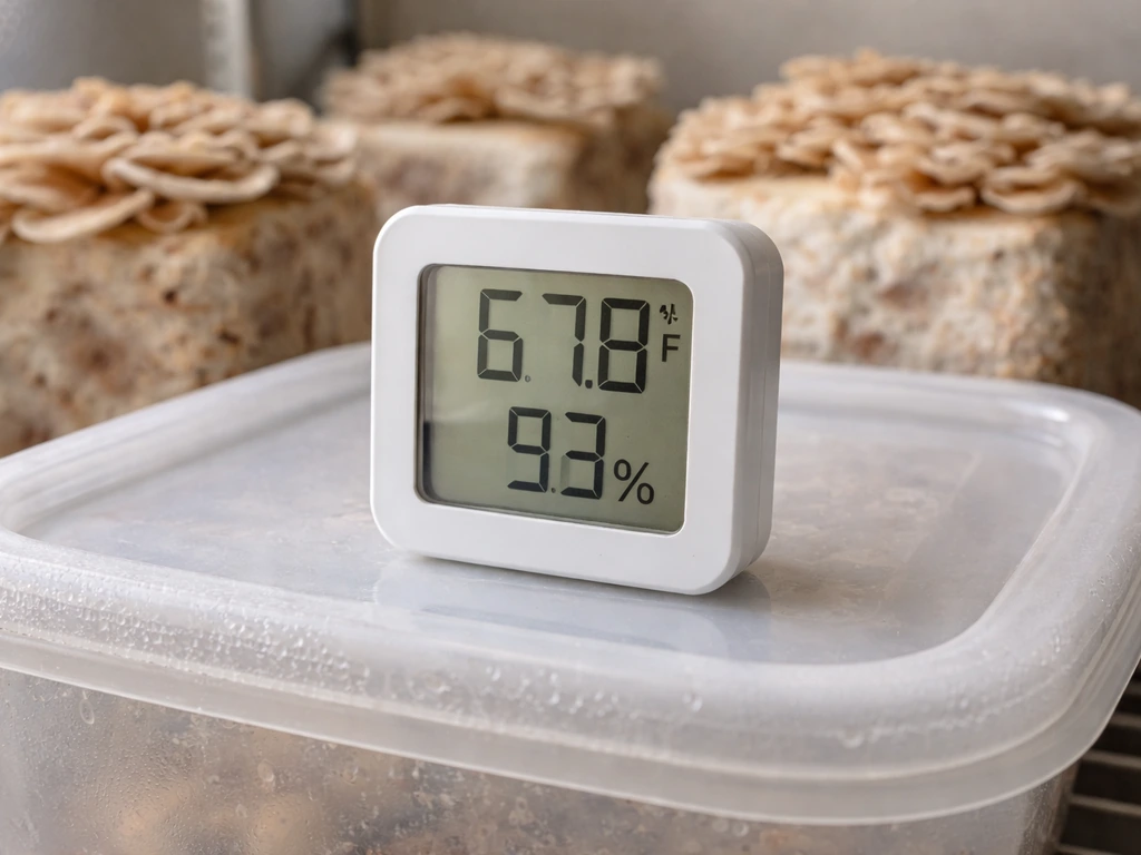 Digital thermometer/hygrometer on a small indoor mushroom fruiting setup, showing temperature and humidity