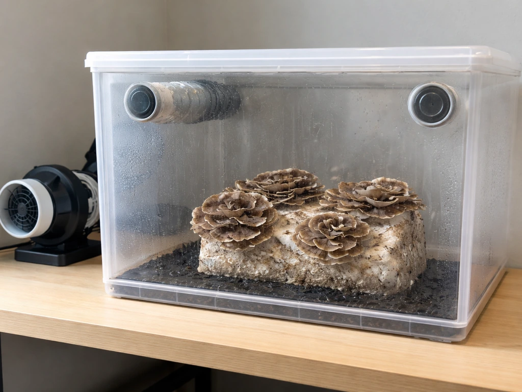 Small mushroom fruiting chamber showing airflow vents and a healthy fan-shaped turkey tail bracket.
