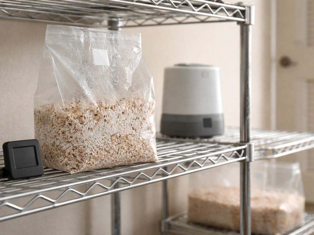 Minimal tabletop setup showing mushroom grow process: inoculated bag placement, incubation, then fruiting conditions.