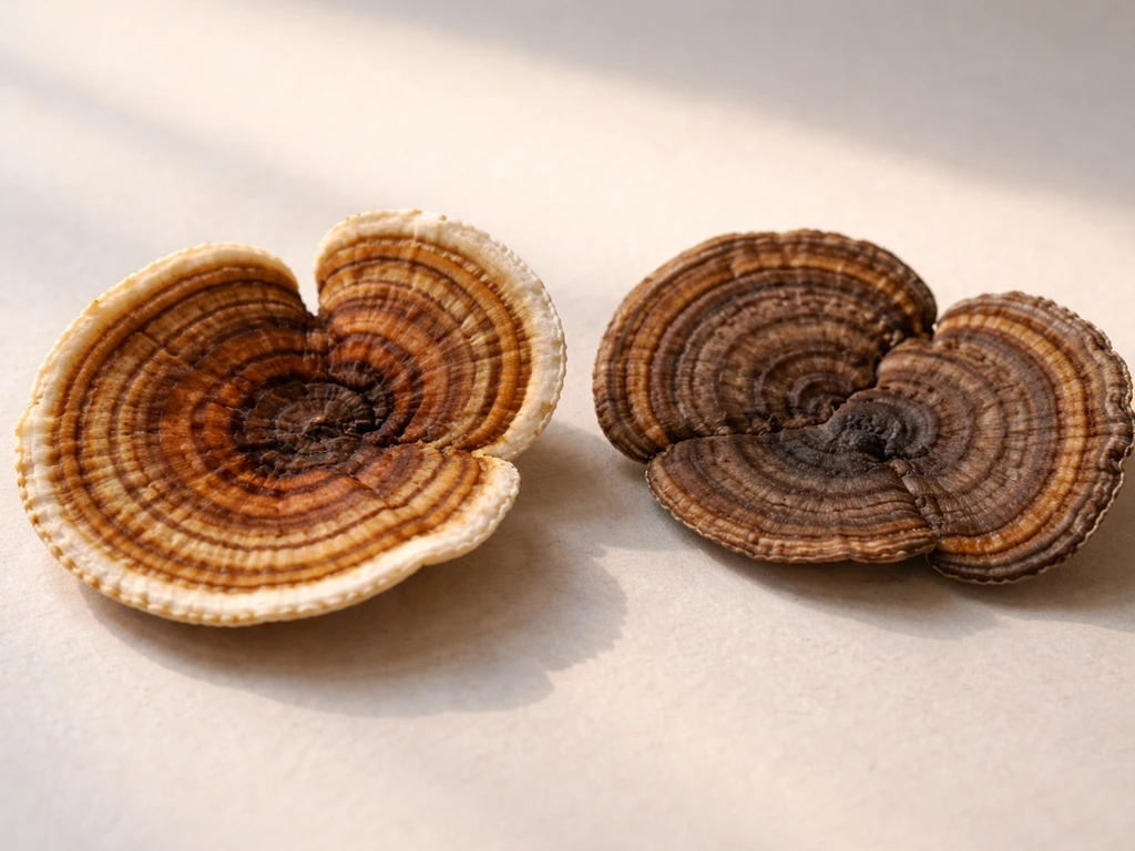 Freshly harvested turkey tail mushroom brackets showing vivid bands and a pale outer growing edge, with a second less-re