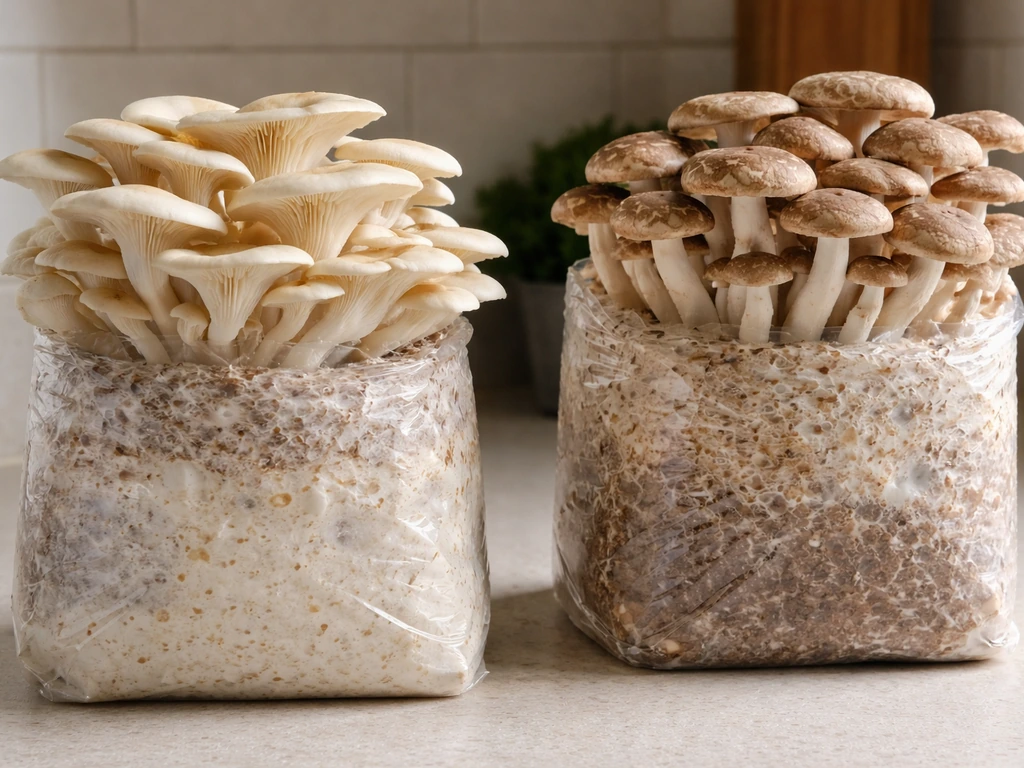 Two grow blocks showing different beech mushroom forms side-by-side on a countertop.