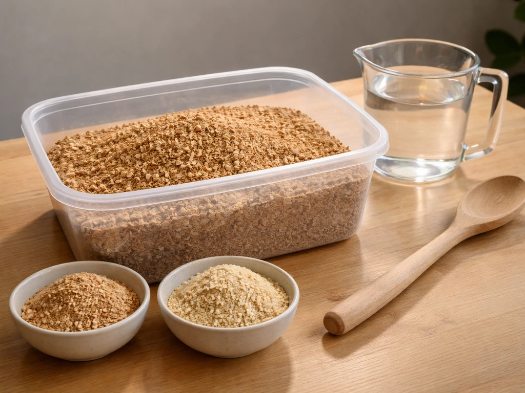 Hardwood sawdust, bran/hulls, and mixing tools laid out on a simple indoor table.