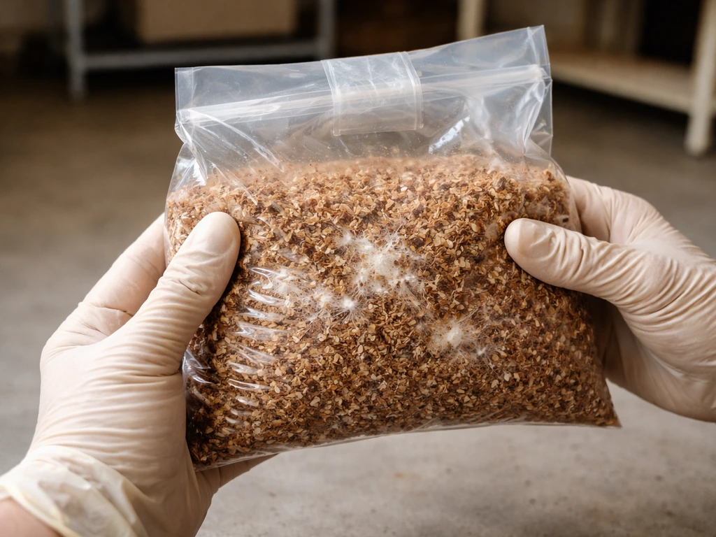 Hand placing inoculated substrate bag inside a clean indoor workspace as pale mycelium begins to spread.