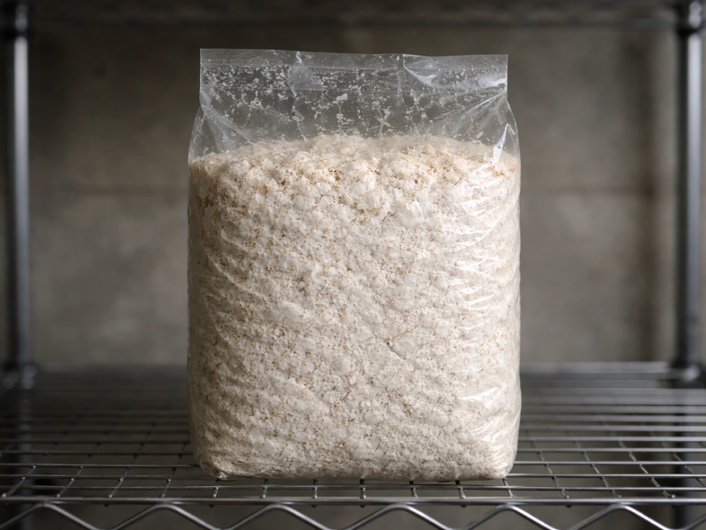 Fully colonized beech mushroom grow bag on a shelf, covered and not fruiting yet.