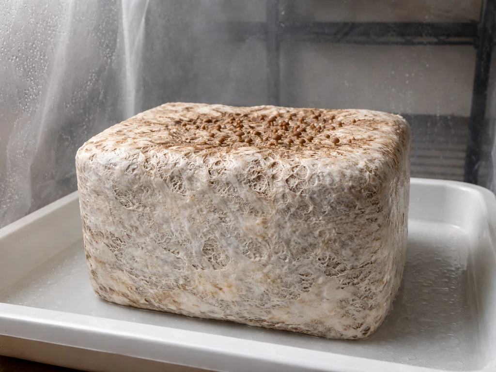 Colonized mushroom block with bag removed, scratched surface, in a simple humid fruiting setup with small pins