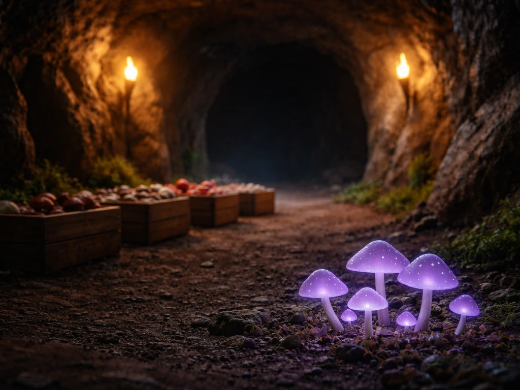 Inside a Stardew farm cave with neatly arranged boxes and glowing purple mushrooms sprouting.