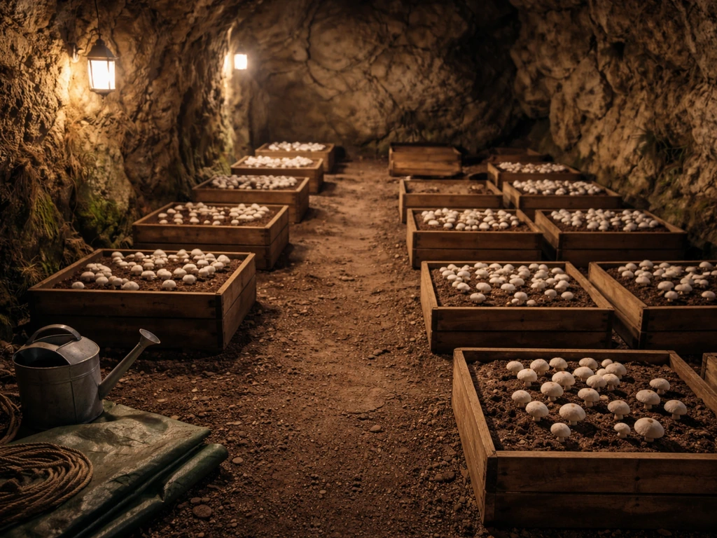 Mushroom boxes neatly staged inside a dim farm cave with simple lighting and clear layout space.