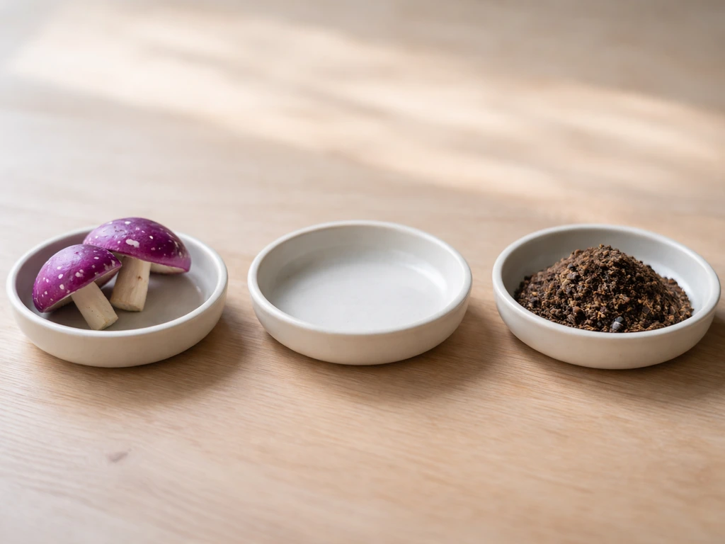 Close-up of purple mushroom caps in one dish with empty dish and soil beside it, minimal troubleshooting look.