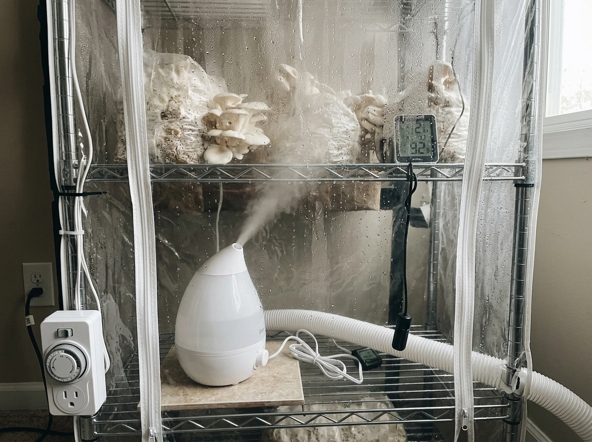 Martha tent humidifier and fresh-air lines with condensation during fruiting