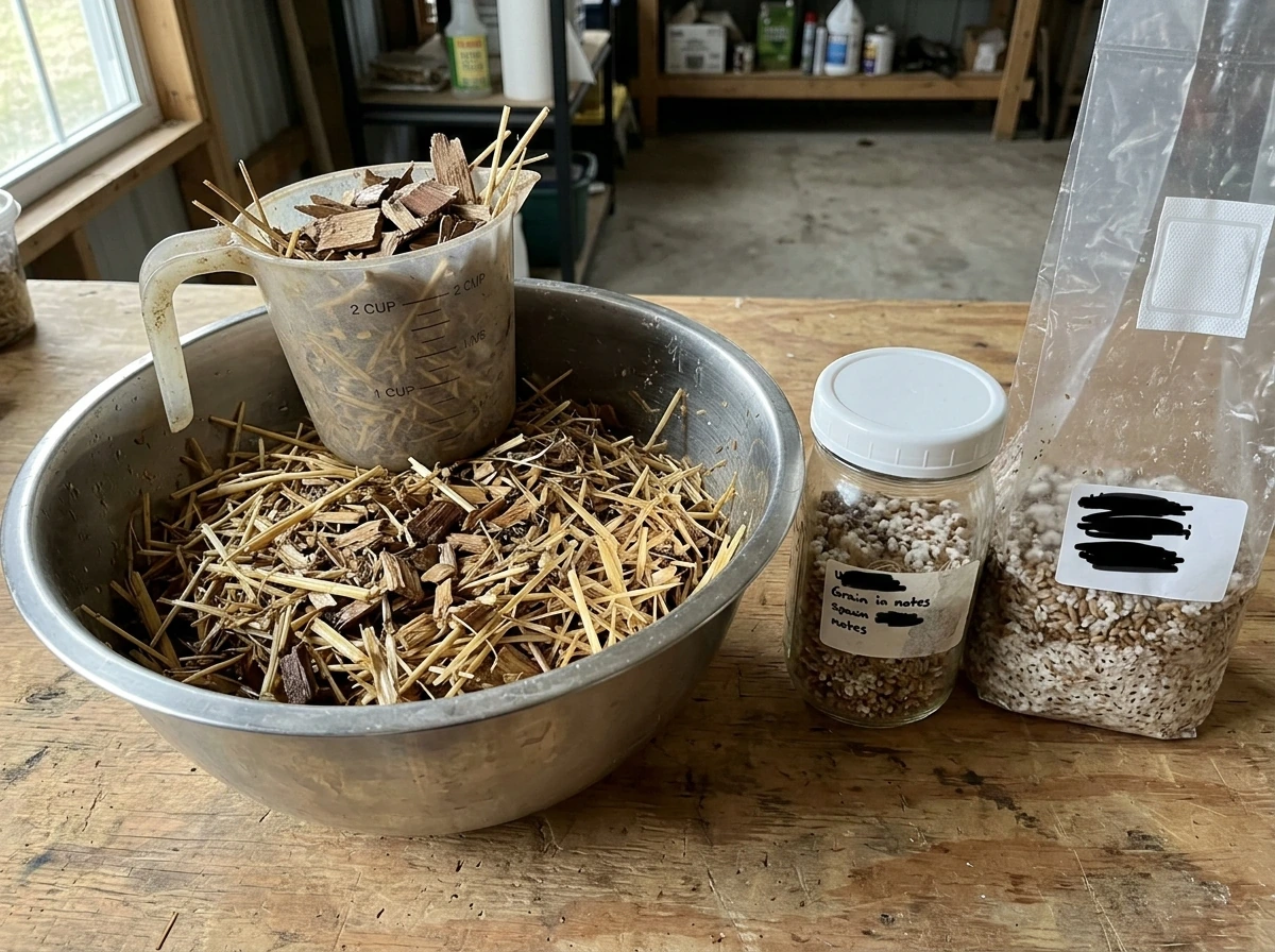 Mixed hardwood chip and straw substrate with grain spawn jars on prep table