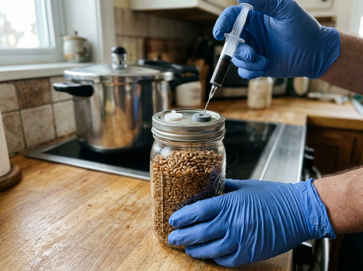 Inoculating grain spawn jars with a sterile tool during indoor workflow