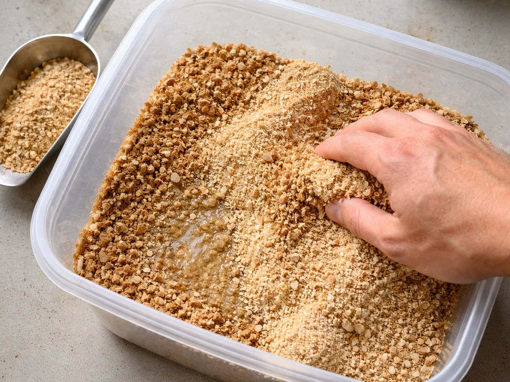 Close-up of hardwood sawdust and bran being mixed into a uniform substrate for maitake, with clear dry texture.