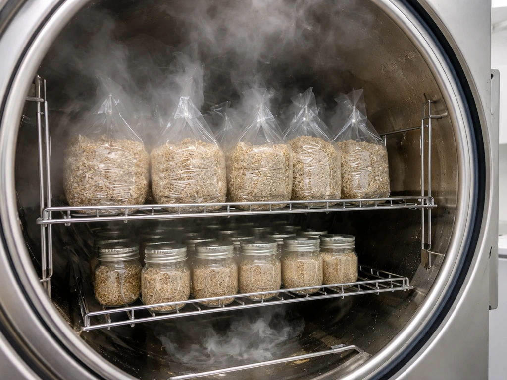 Steam sterilizer with sealed bags of substrate ready for pressure sterilization