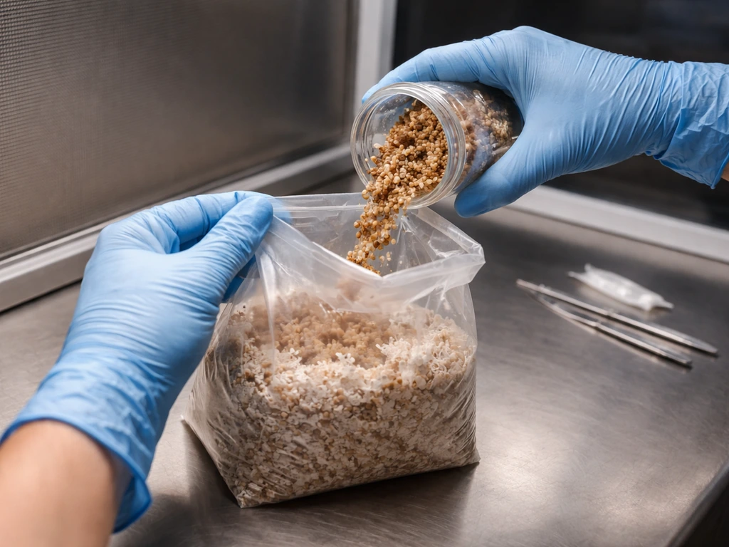 Gloved hands in a flow hood inserting spawn into a sterilized substrate bag.