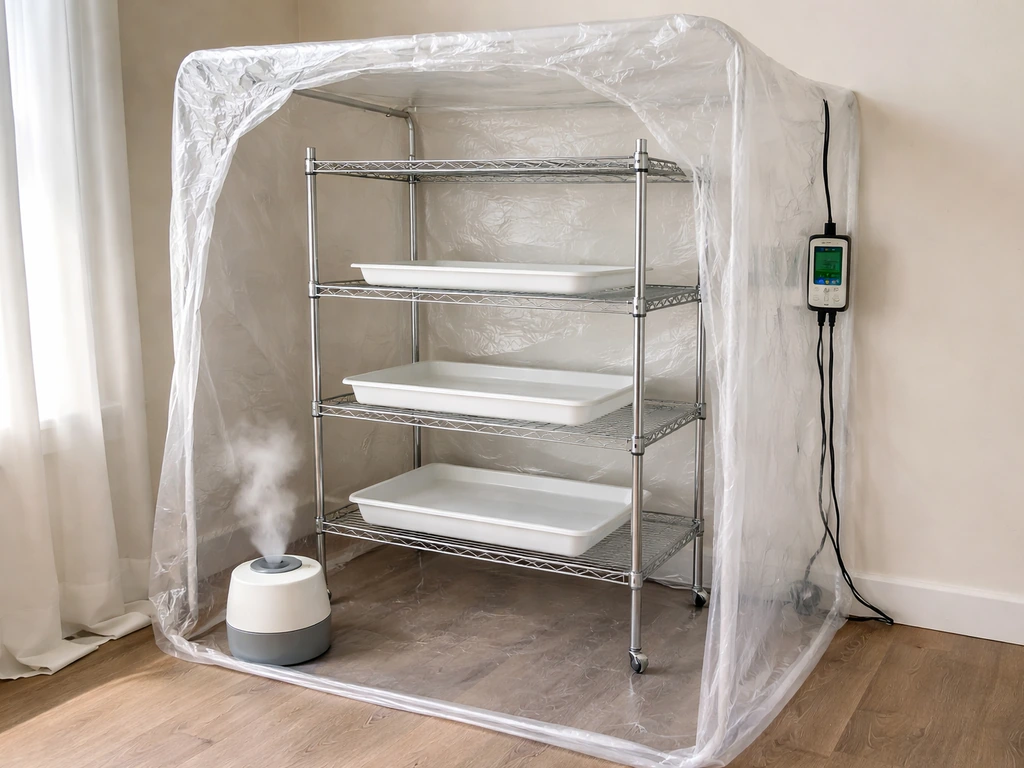 Minimal setup showing plastic humidity tent with wire shelving, ultrasonic humidifier, and humidity controller.