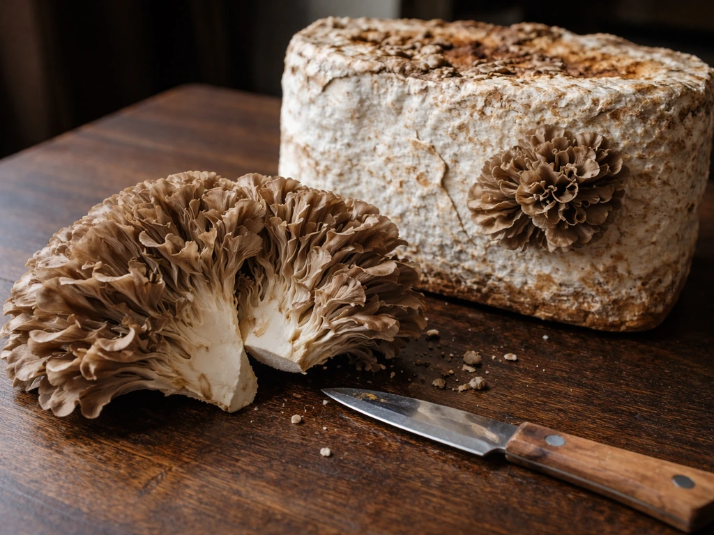 Maitake fruiting clusters harvested from a colonized block with a small second flush beginning to emerge.