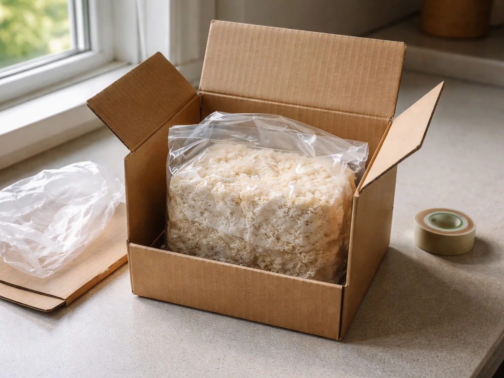 Open cardboard box with a colonized lion’s mane grow block resting on a kitchen counter in daylight.