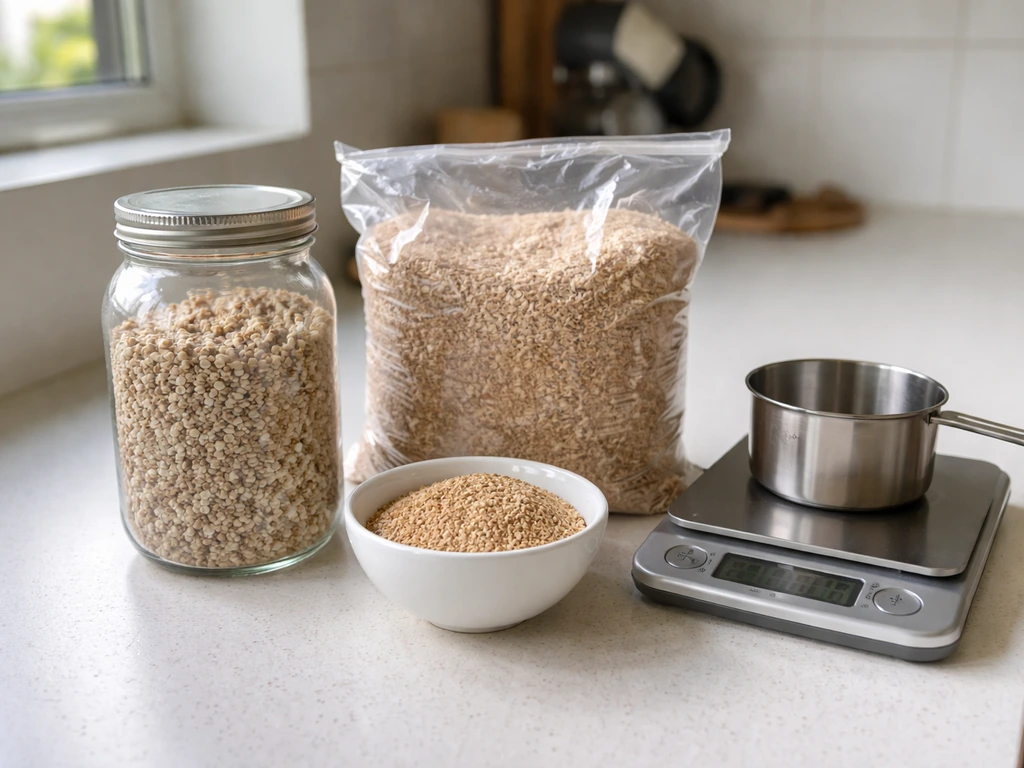 Grain spawn jar and sawdust/bran ingredients staged on a clean counter with a measuring cup and scale.