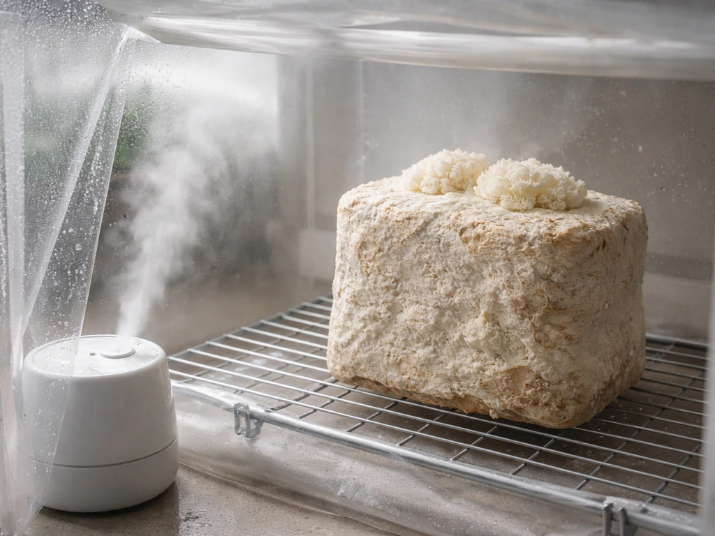 Lion’s mane block inside a clear humidified fruiting tent with a running ultrasonic humidifier mist nearby.