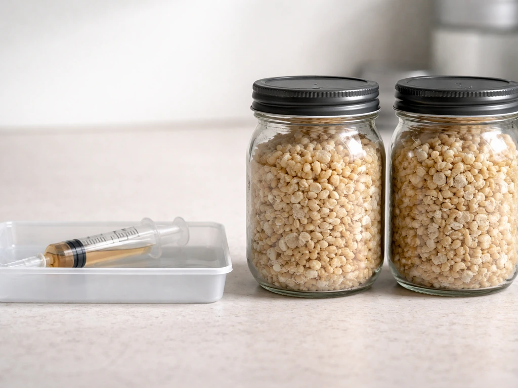Side-by-side close-up of a syringe with liquid and a sealed spawn jar on a clean workbench.