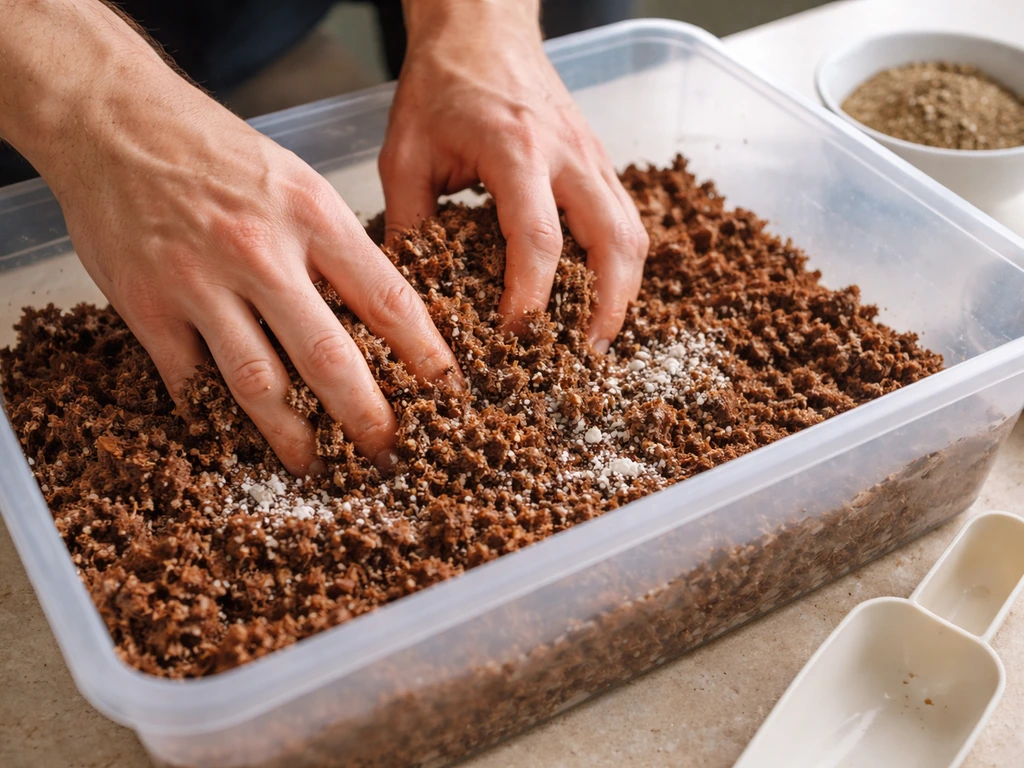 Hands mixing hydrated coco coir, vermiculite, and gypsum into a clear monotub