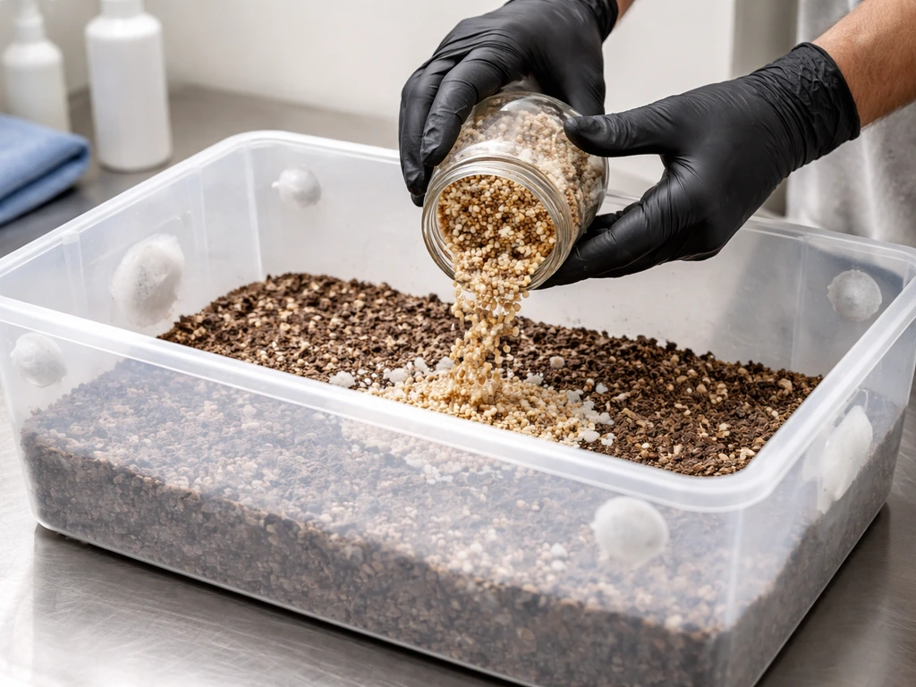 Gloved hands adding colonized grain spawn to prepared CVG substrate inside a clean monotub