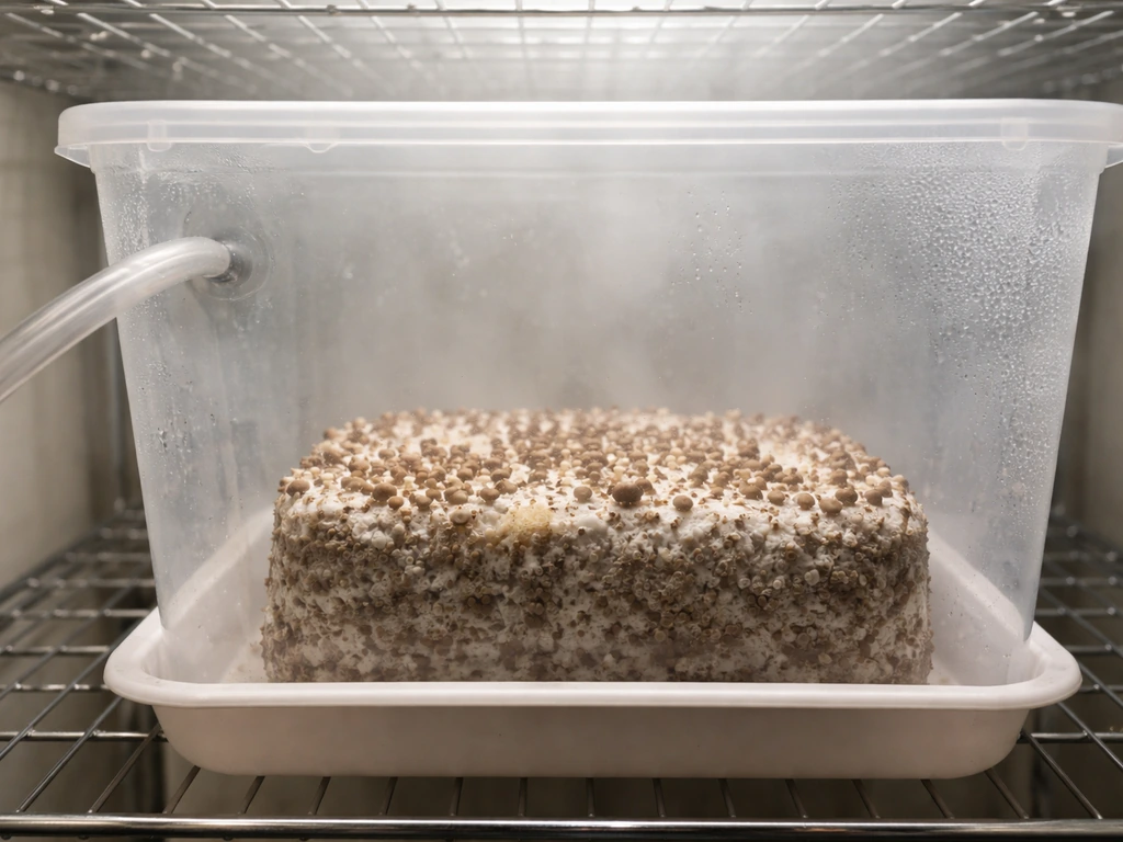 Minimal humid mushroom fruiting setup with foggy chamber, fresh air exchange tubing, and pinning-stage substrate surface