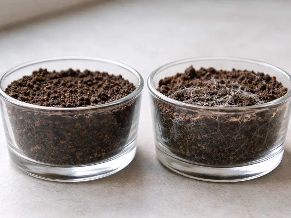Side-by-side soil: plain dark soil on the left and faint white mycelium threads on the right.