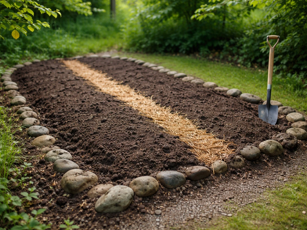 Prepared garden bed with partial shade and well-drained soil, water not pooling after rain.