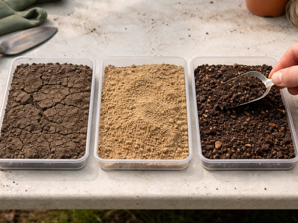 Three small soil sections showing compact clay, dry sand, and crumbly loamy soil amended with wood chips.